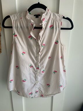 Ann Taylor Cream Striped Sleeveless Ruffle-Trim Cherry Print Top